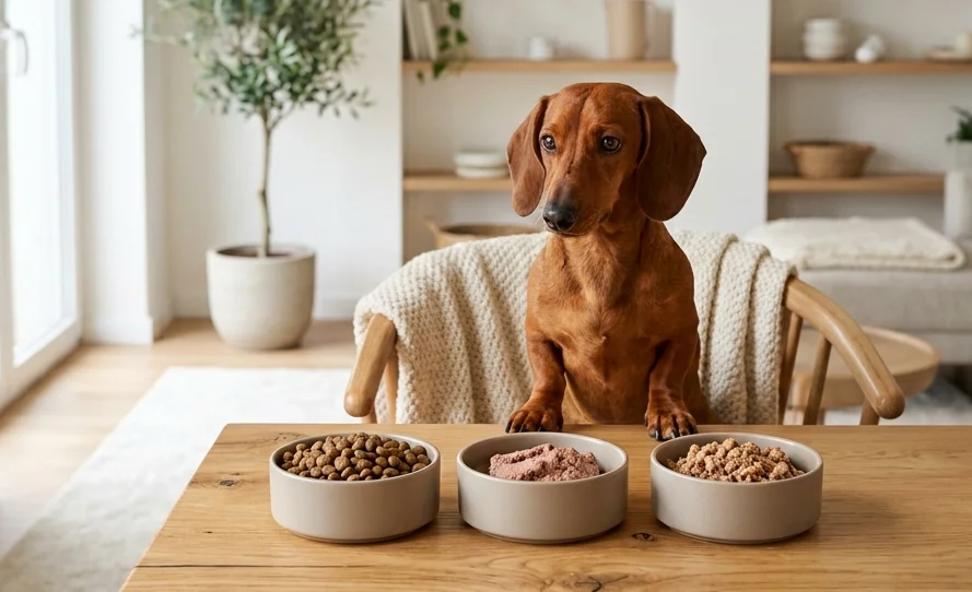 Best Dog Food for Dachshunds Smooth-haired miniature dachshund sitting next to a bowl of health-focused dog food kibble