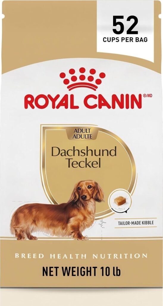 Royal Canin Dachshund Adult dry dog food bag and specialized kibble shape